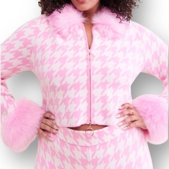 Show Me Your MuMu 3X Pink Houndstooth Faux Fur Zip Jacket Barbiecore Coquette - Picture 1 of 9